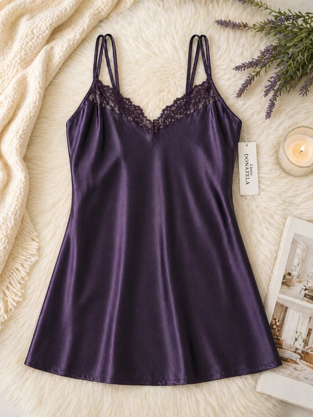 Linea Donatella Geliila Chemise NWT Eggplant Lace Trim Sleep Dress XL &  L